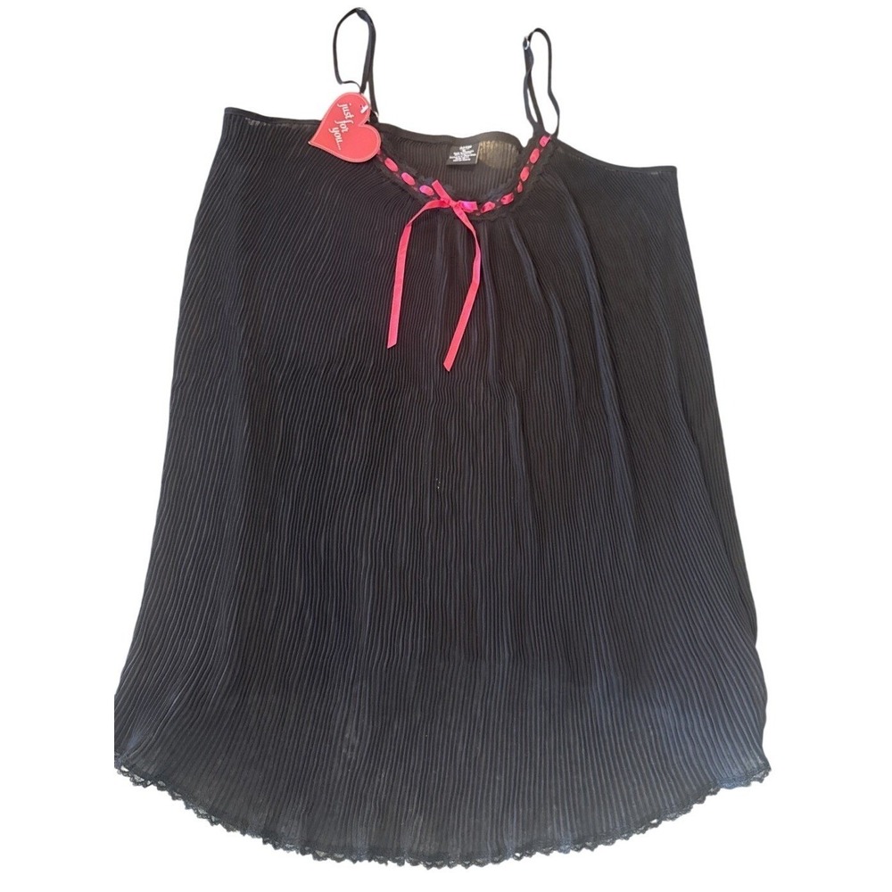 Y2K Apt. 9 Pleated Sheer Mesh Baby Doll Lingerie Black With Pink Bow Size XL NWT